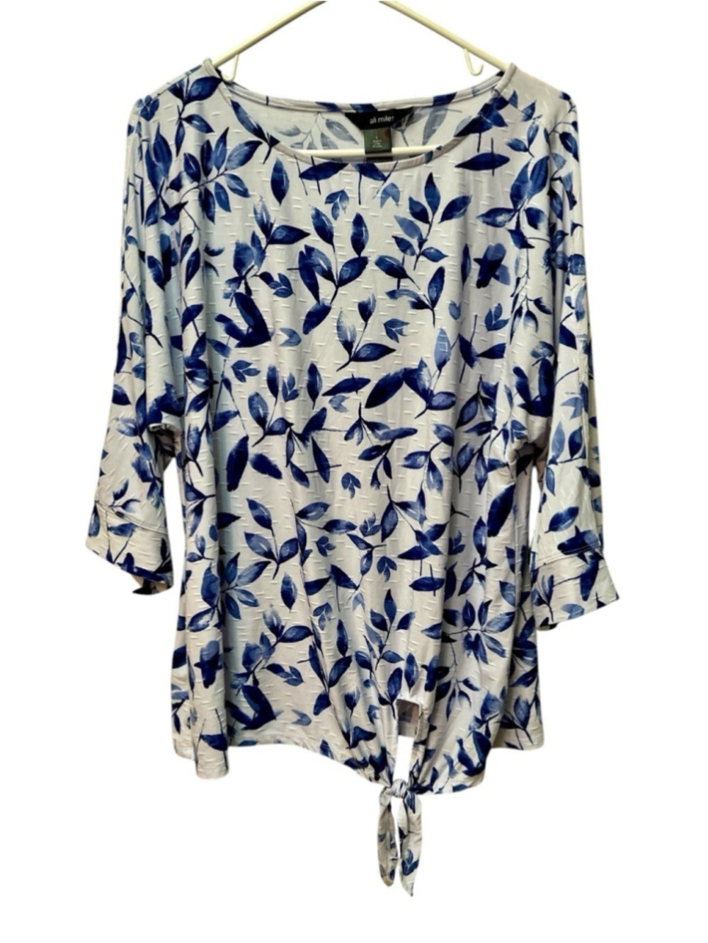Ali Miles Blue Leaves Blouse Waist Bow Womens Large White & Blue 3/4 Sleeves